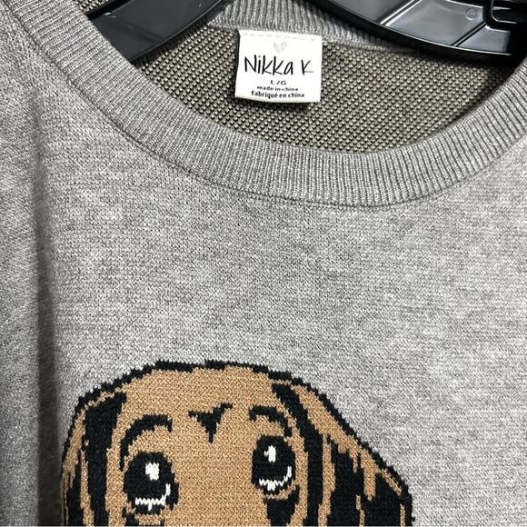 Nikka K graphic novelty gray sweater Dachshund Dog Bow Pearl Christmas NEW sz L - Picture 4 of 10